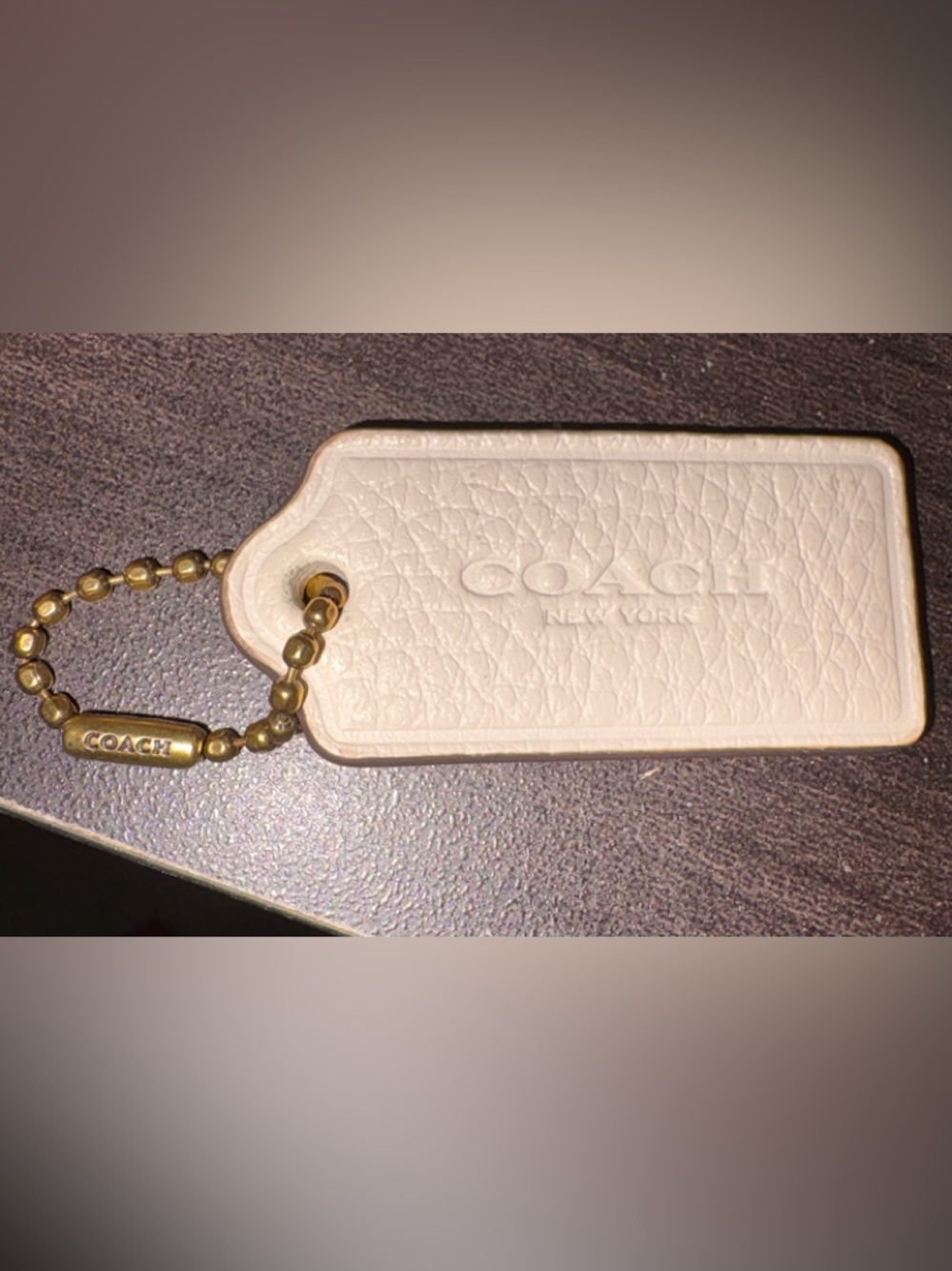 Authentic Coach Leather HangTag in Light Beige with Coach Brass Ball Chain